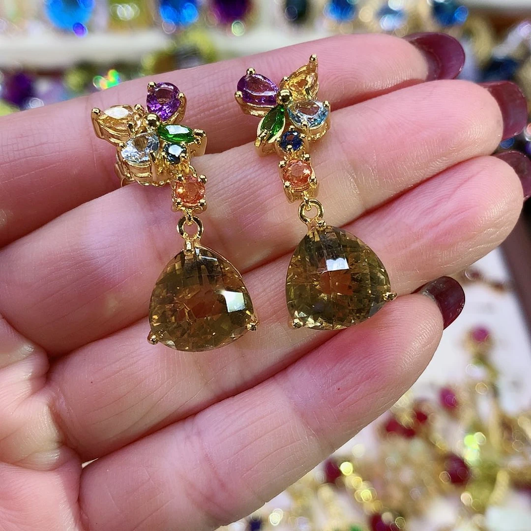 黄晶耳饰银S925镀金镶嵌