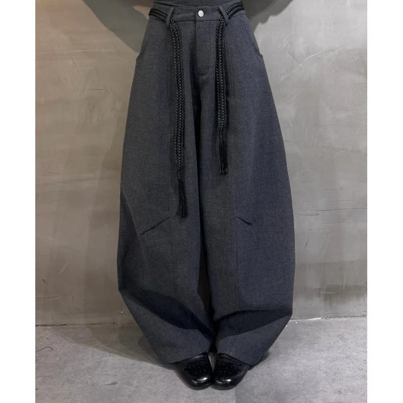 2288#秋季新款明线腰带毛呢休闲裤宽松显瘦高腰直筒阔腿西装裤子