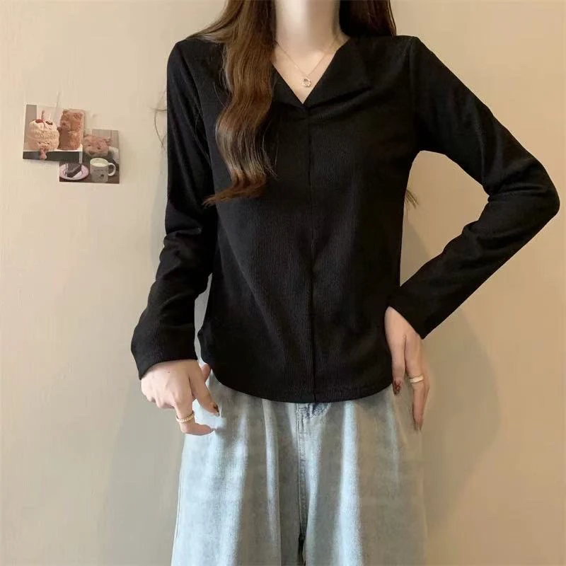 V领设计感时尚修身内搭女微胖mm显瘦百搭打底衫小众上衣