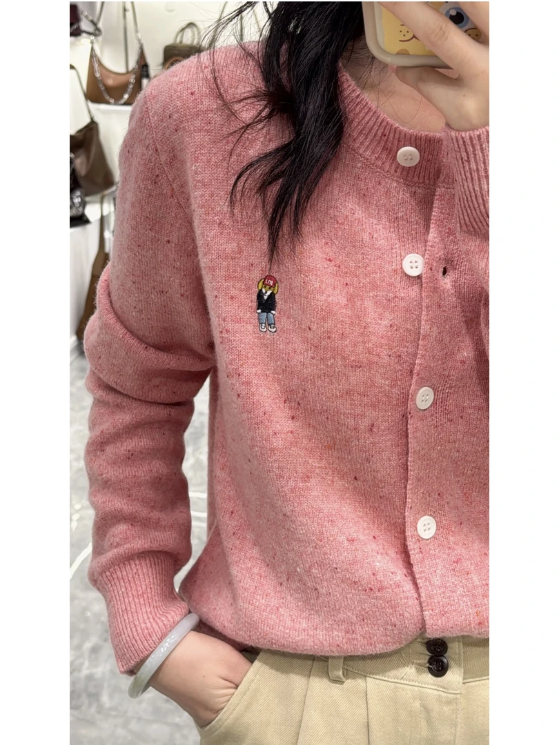 韩国早春 刺绣小熊圆领针织外套女 叠穿内搭毛衣开衫9613