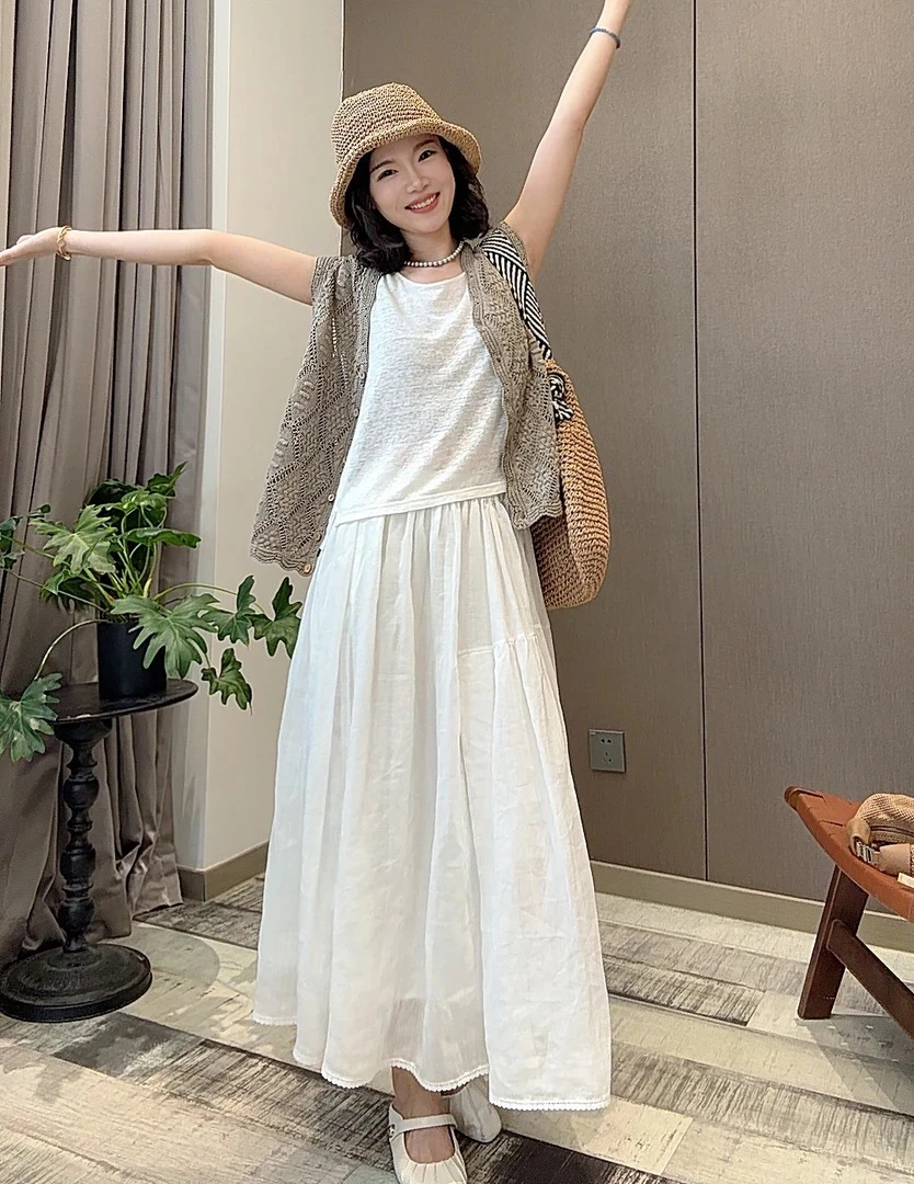 【白月光】100支苎麻加捻细皱肌理感蓬松轻盈飘逸半裙25146
