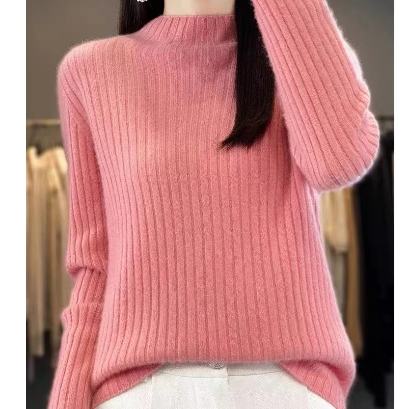 涵玖玥【100羊毛】坑条显瘦半高领套头时尚气质上衣07-092