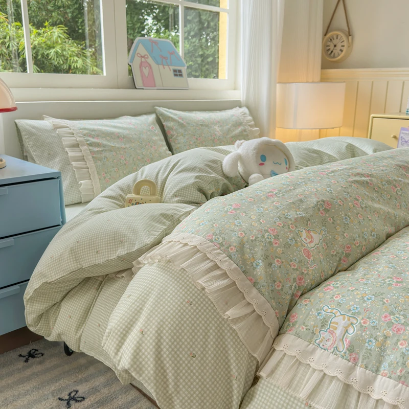 全棉小清新床单四件套双人家用荷叶花边床品套件面料舒服好看耐用