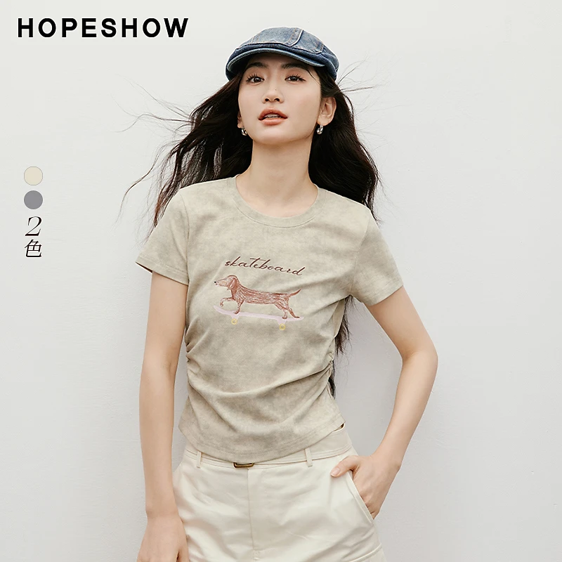 红袖2025秋女装  晕染腊肠狗小象字母印花抽皱圆领T恤90125230206