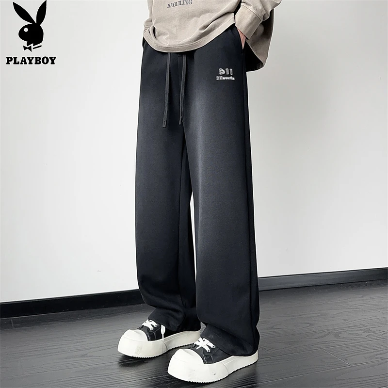 花花公子黑色裤子男款春秋宽松直筒男裤潮牌休闲纯色阔腿运动长裤