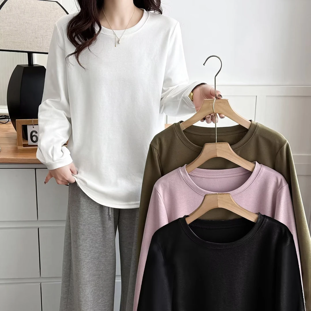 大码女装2025春装新款时尚正肩圆领褶皱九分袖上衣棉质纯色T恤女