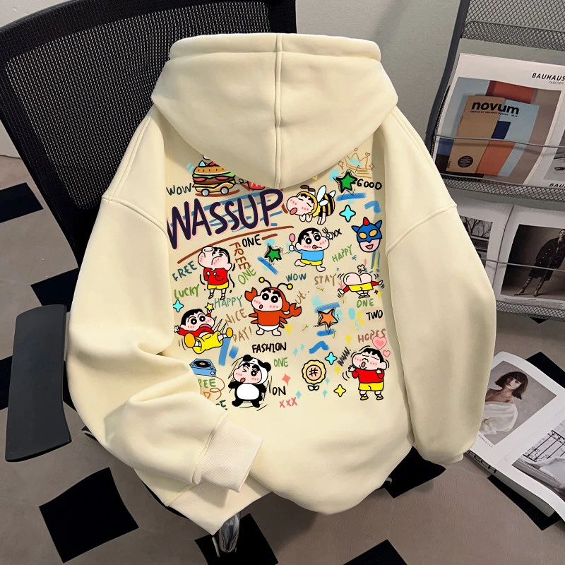 WASSUP HSUBE蜡笔小新趣味潮流连帽卫衣重磅青少年美式国潮牌上衣