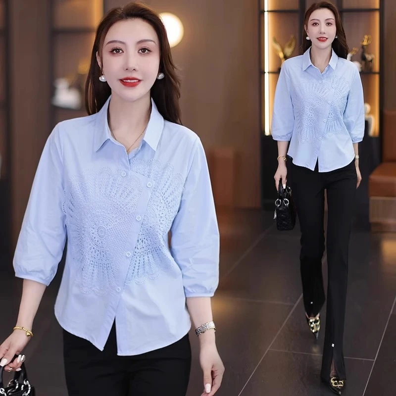 2025新款夏季七分袖国风蕾丝拼接衬衫女中袖开衫宽松显瘦衬衣上衣