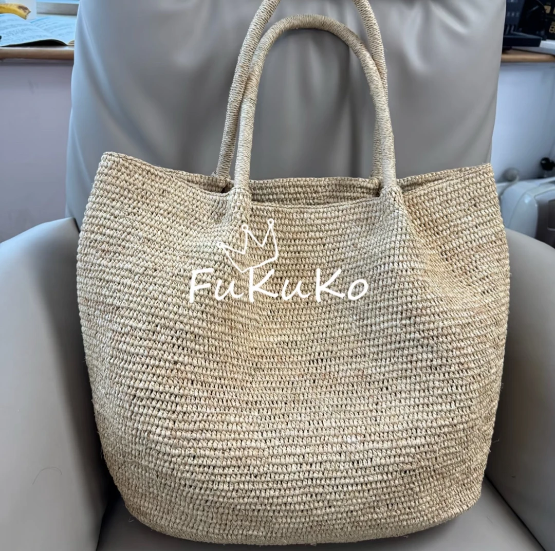 Fukuko新款拉菲草原色白玉兰拉菲草大托特包女士单肩手提休闲度假