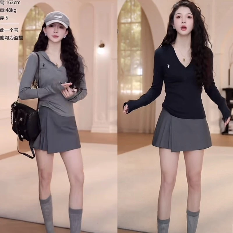 法式休闲风运动风时尚套装长袖连帽针织衫修身休闲洋气高腰半身裙