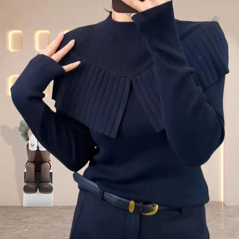 秋冬新款时尚洋气百搭女装流光风拼接披肩毛针织衫长袖打底上衣