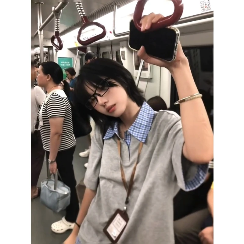 美式格子拼接假两件oversize短袖T恤女夏季学院风宽松半袖上衣潮