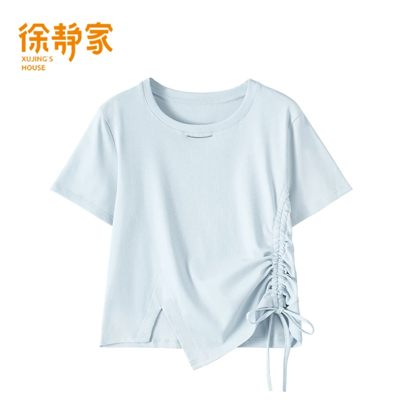 洋气衣服圆领短袖T恤女夏季新款不规则设计感抽绳收腰上衣6780066