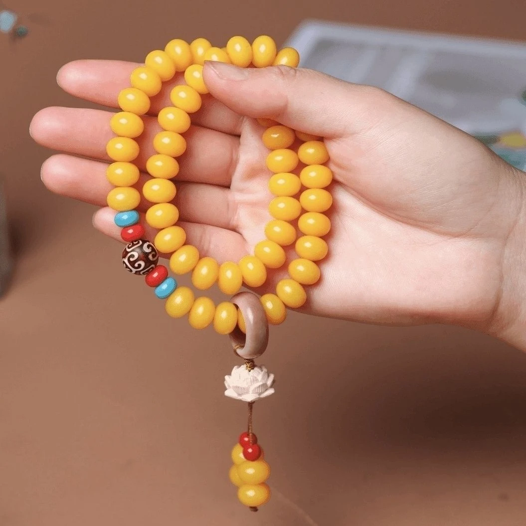 鸡油黄天然菩提根双圈手串盘玩文玩男女款算盘珠8*11