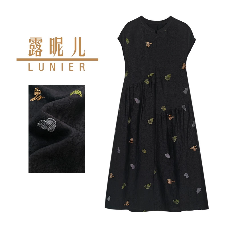 100桑蚕丝香云纱短袖拼接夏季连衣裙中长裙女装时尚夏装Y50912