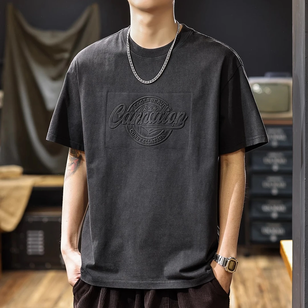 Salodac美式水洗复古短袖T恤男夏季新款钢印压花经典半袖衫男款