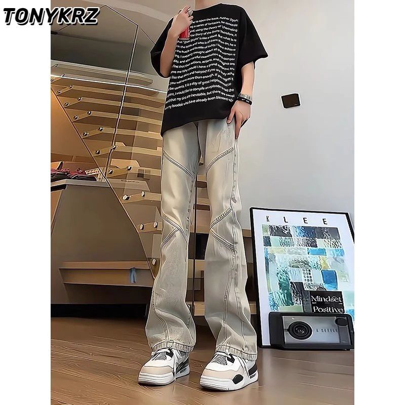 TONYKRZ美式复古牛仔裤男春夏拼接设计感裤子高街vibe显瘦微喇裤