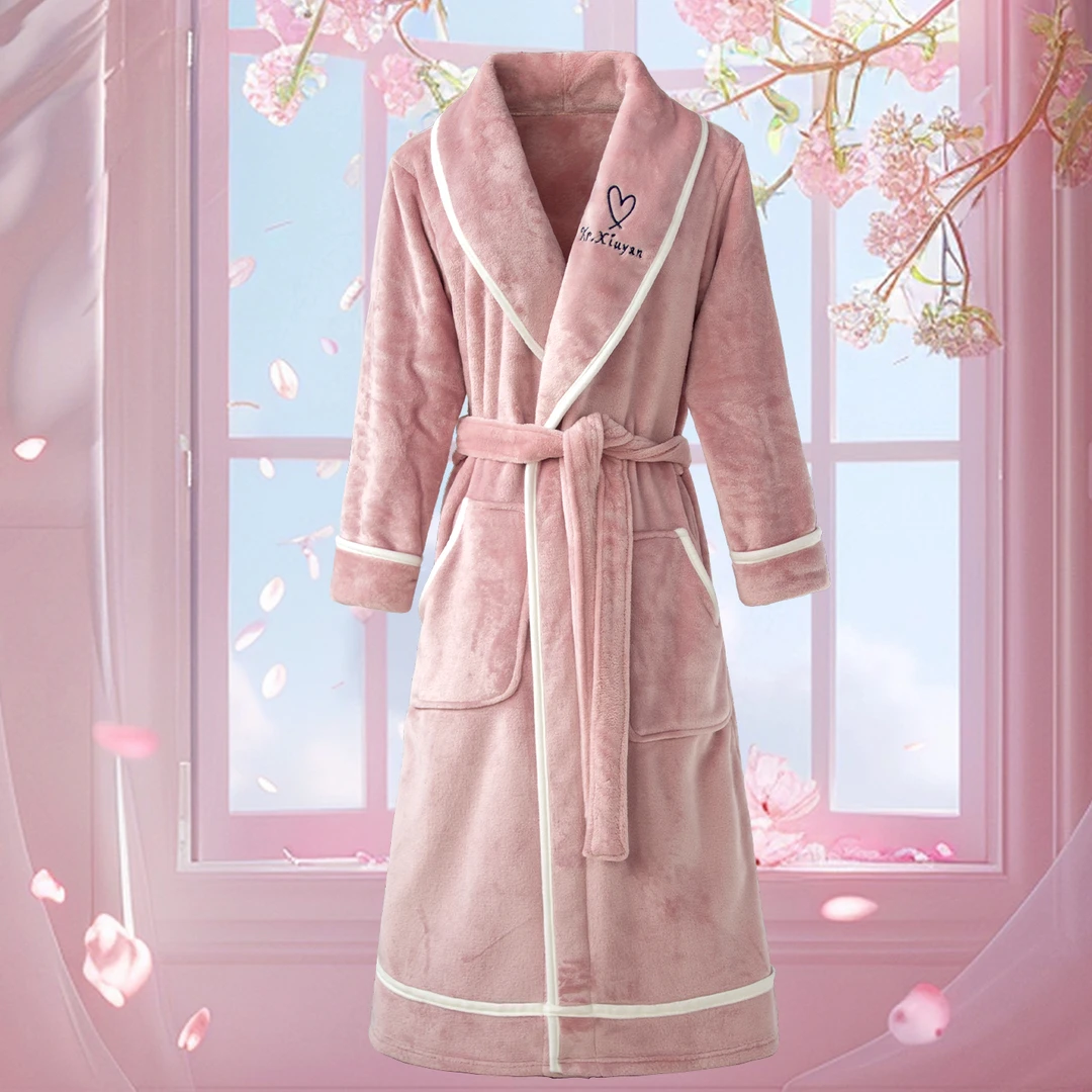 睡袍女冬季长款法兰绒浴袍女士睡裙情侣加绒珊瑚绒男加厚冬睡衣女