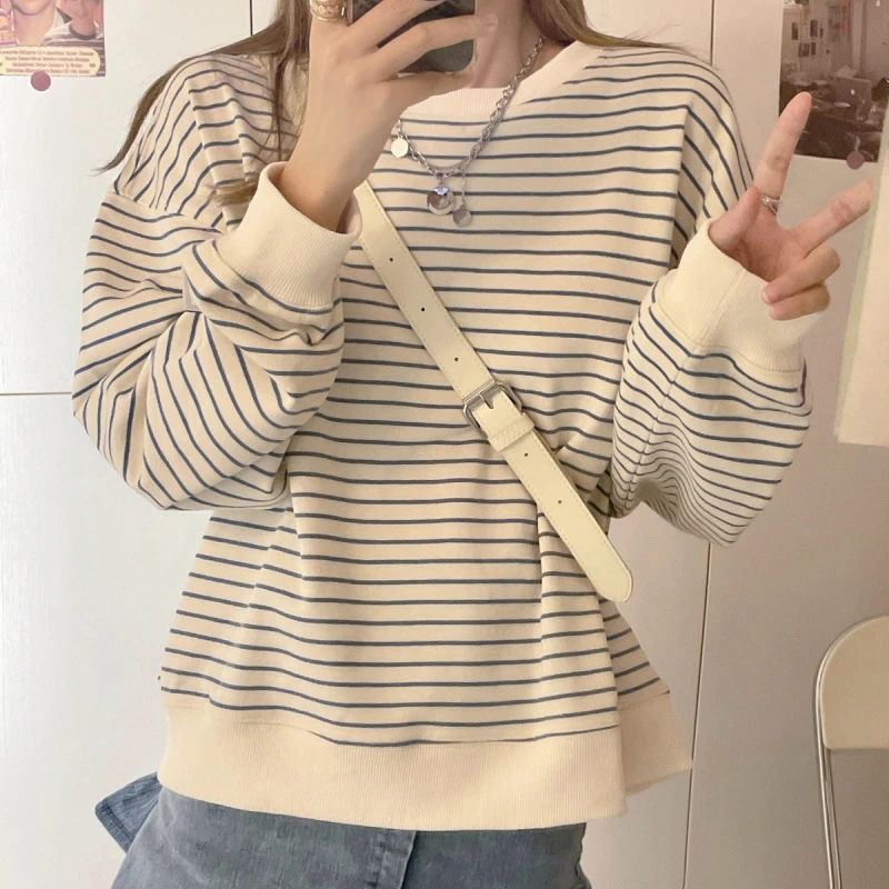 卫衣女早秋2024年新款韩版宽松设计感条纹上衣圆领套头长袖T恤潮