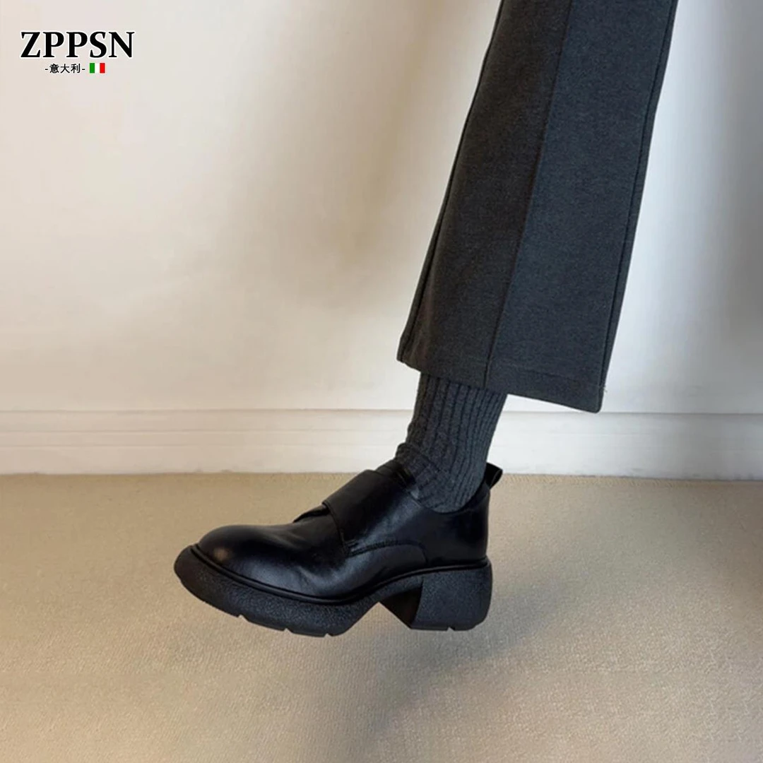 ZPPSN厚底乐福鞋魔术贴一脚蹬小皮鞋通勤百搭粗鞋跟真皮女鞋