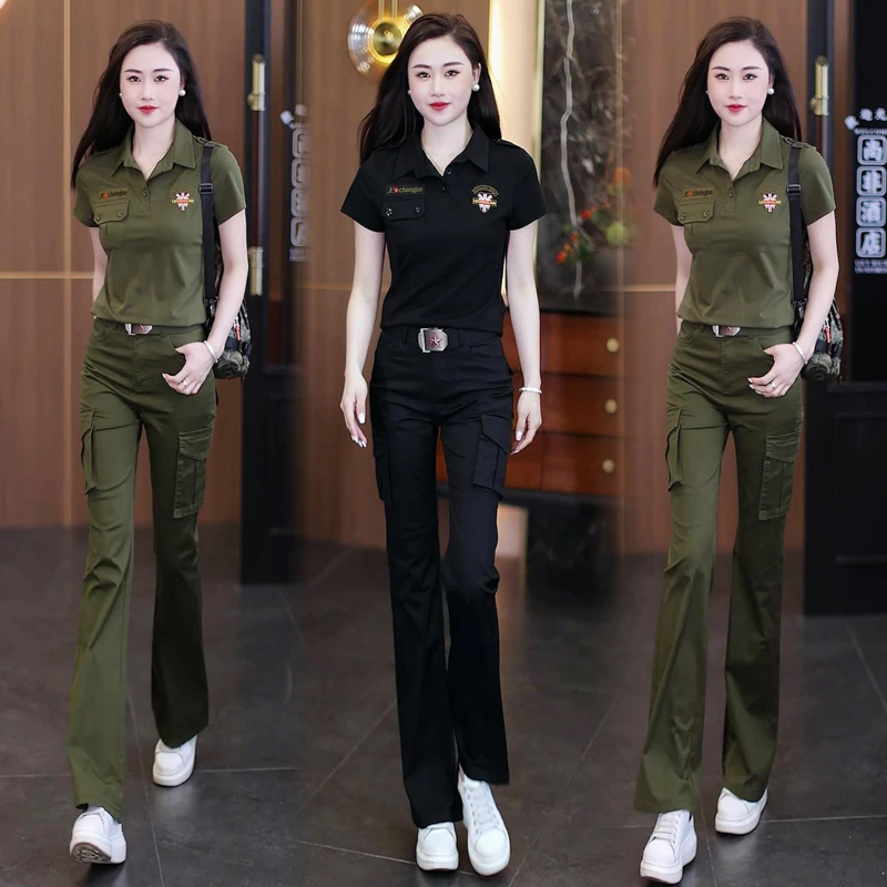 迷彩服两件套装女减龄翻领短袖T恤工装夏季气质喇叭裤水兵舞服装