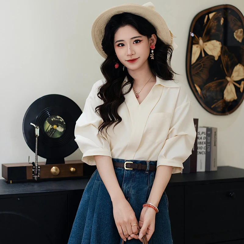 粤粤港风 【美乐蒂】25年新款气质时尚百搭复古小众设计感衬衫#4003