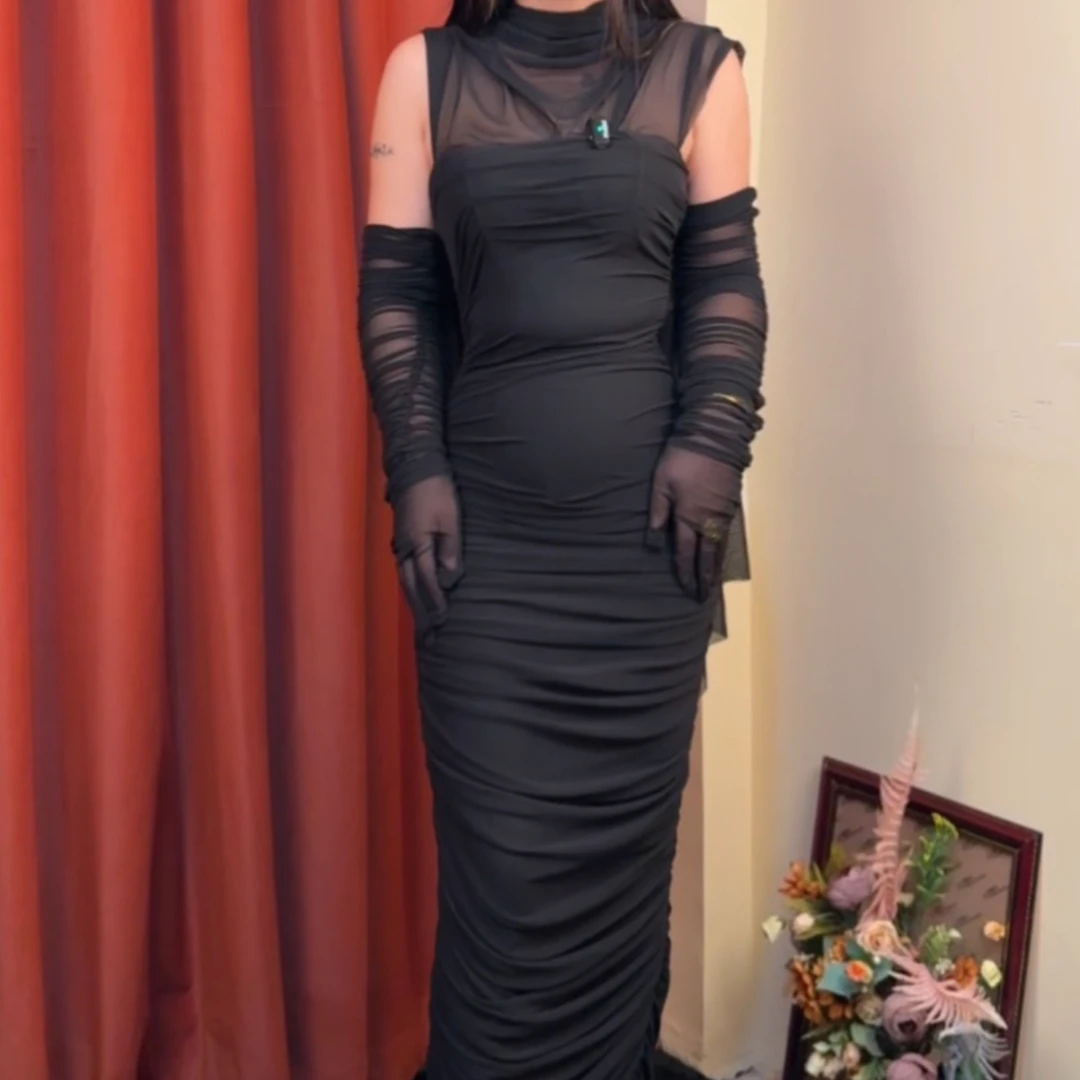 欧美风弹力网纱皱褶抹胸性感包臀长款连衣裙