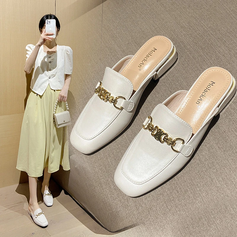 广州女鞋真皮法式包头半拖鞋女外穿凉拖鞋新款网红百搭夏季粗跟穆