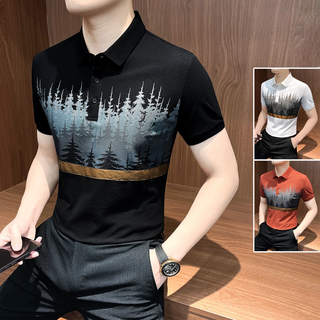 森林印花POLO衫男款爆款2025新款夏季网红洋气炸街男装T恤短袖男