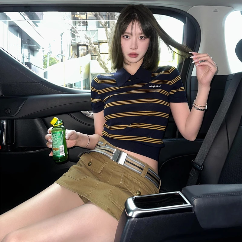 夏季韩式休闲时尚废土风条纹针织短袖上衣工装包臀半身裙两件套装