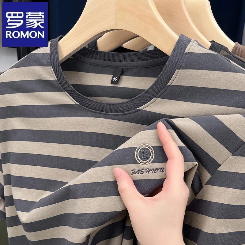 罗蒙夏季新款男士中青年休闲短袖T恤时尚薄款圆领打底衫条纹半袖
