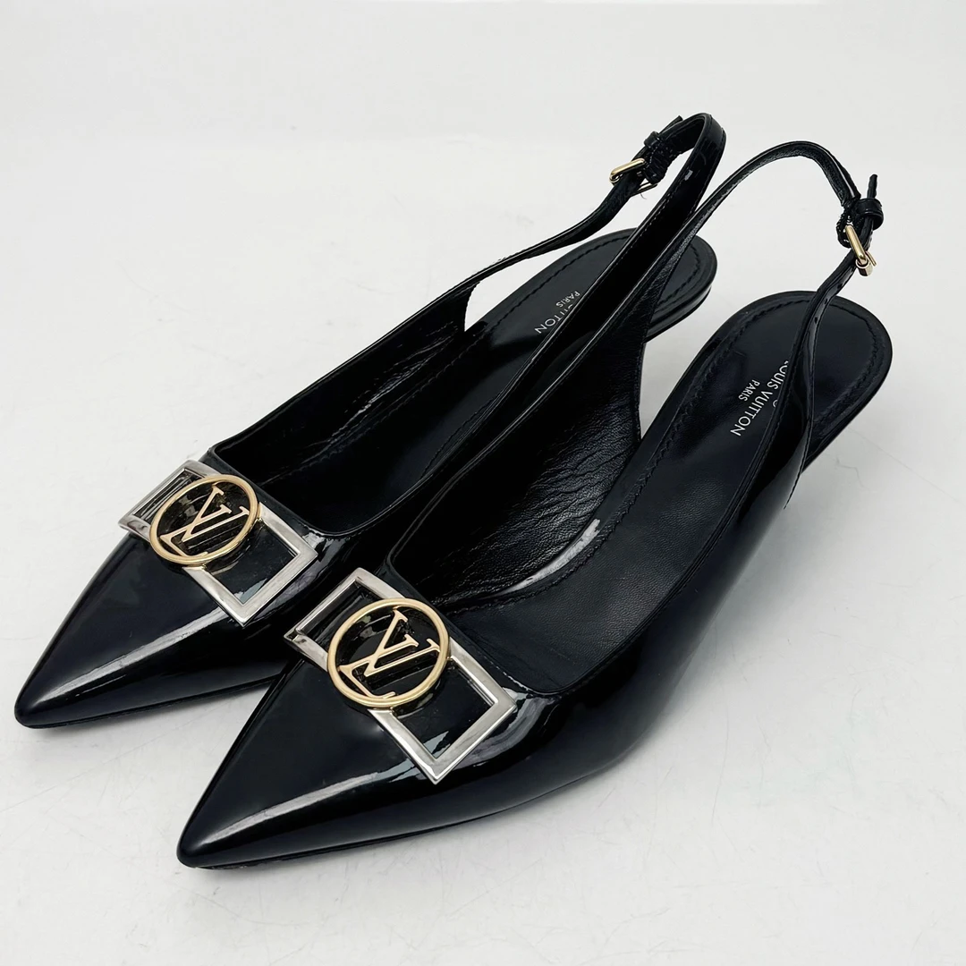 未使用 LouisVuitton/路易威登 37.5金标黑色漆皮高跟凉鞋jm07250