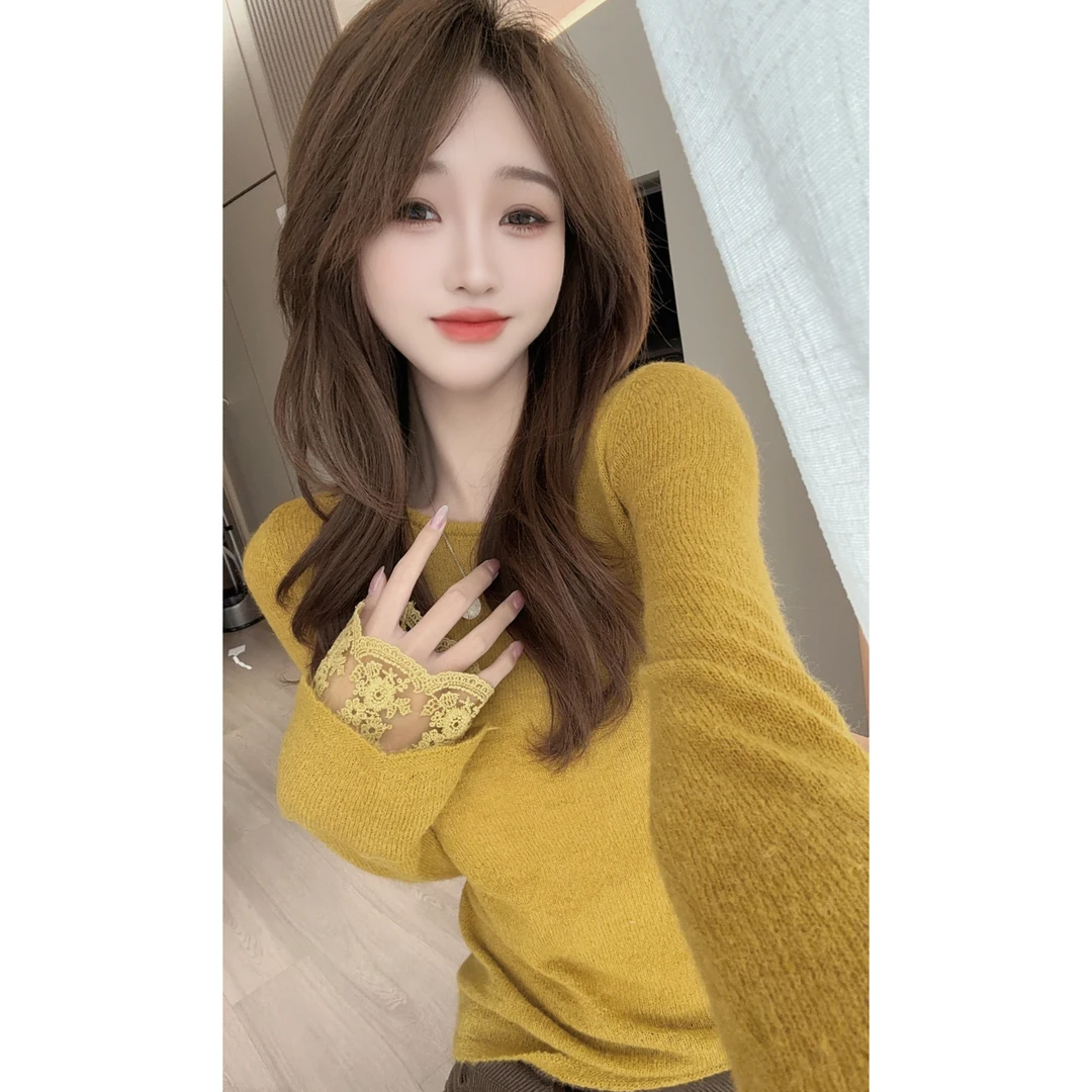 【陈陈私服】时尚设计感蕾丝拼接毛衣洋气显瘦长袖针织衫25121107