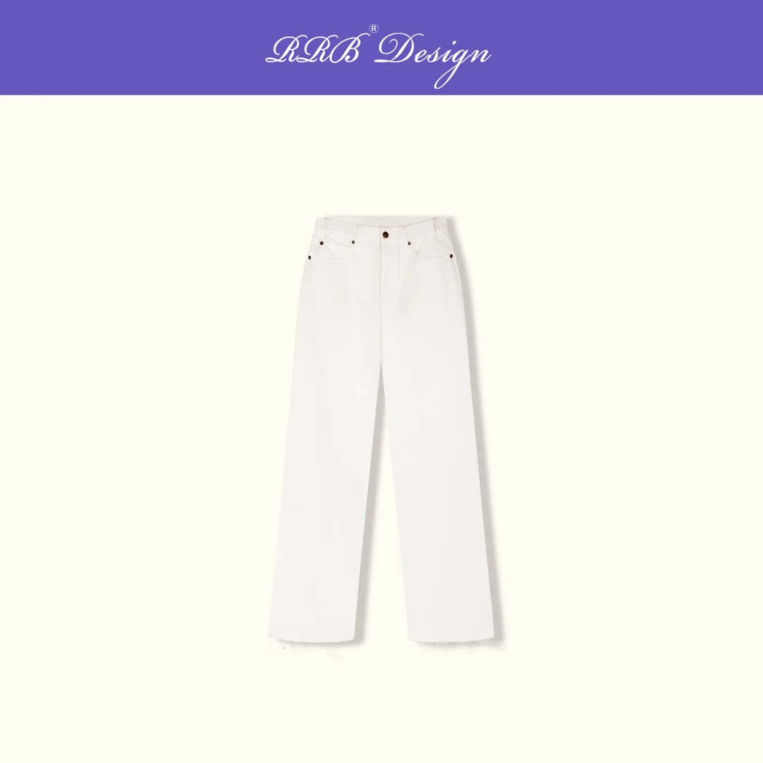 RRB Design「极简主义」修身显瘦裤脚须边设计感白色直筒裤休闲裤
