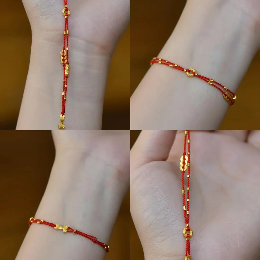 铜合金手链 精致多宝如意钱币手链女手工编织本命年红绳小众饰品