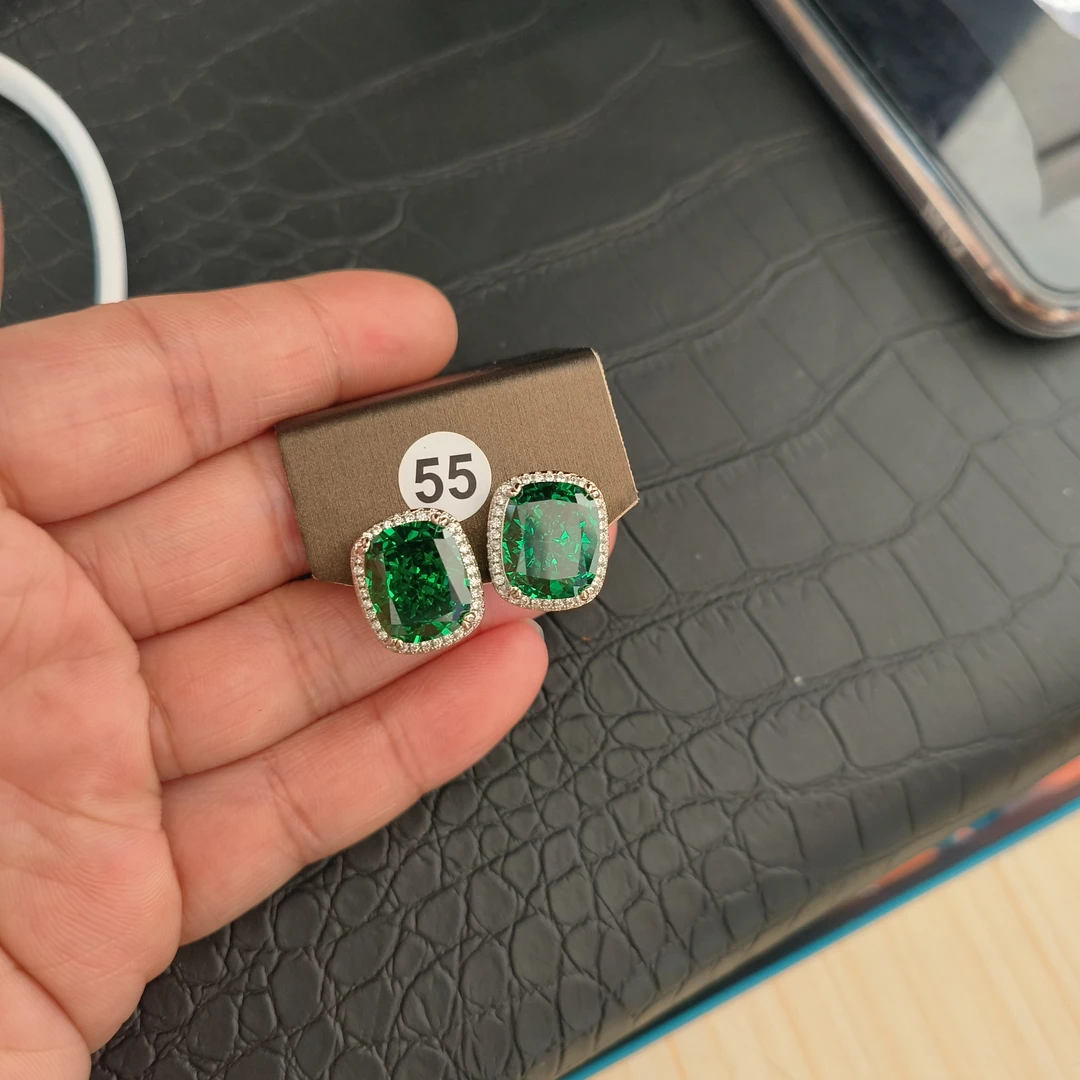 铜合金合成锆石耳饰 冰花切绿色耳钉小众59