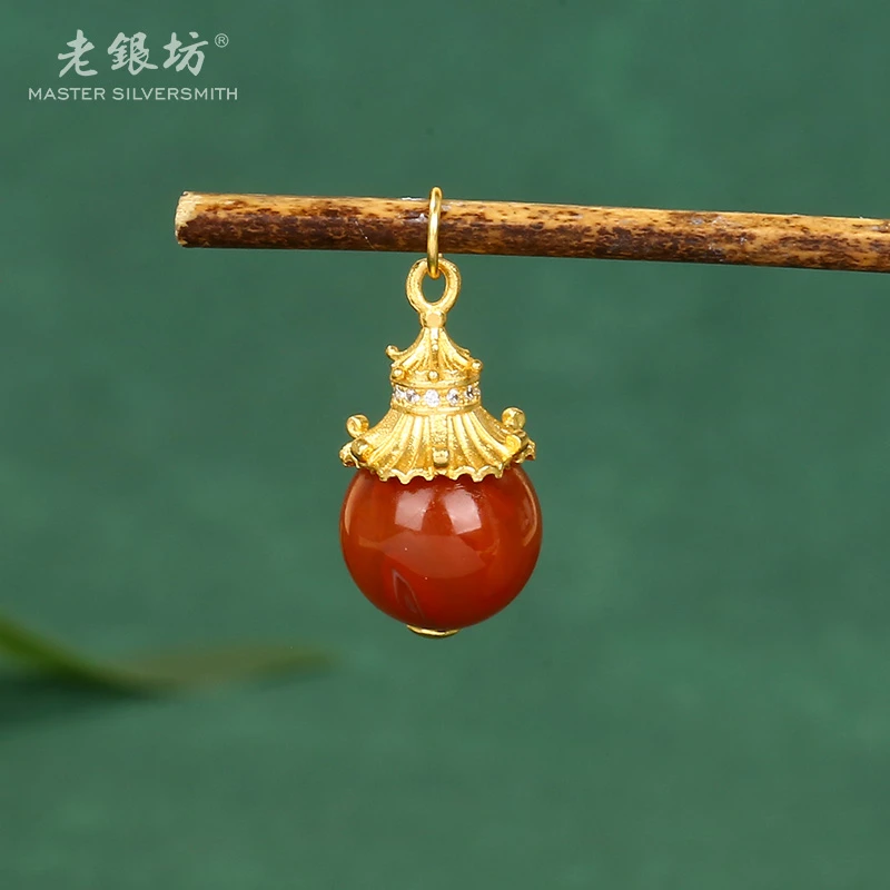 【老银坊】s925银镀金宝塔南红圆珠吊坠 00232433