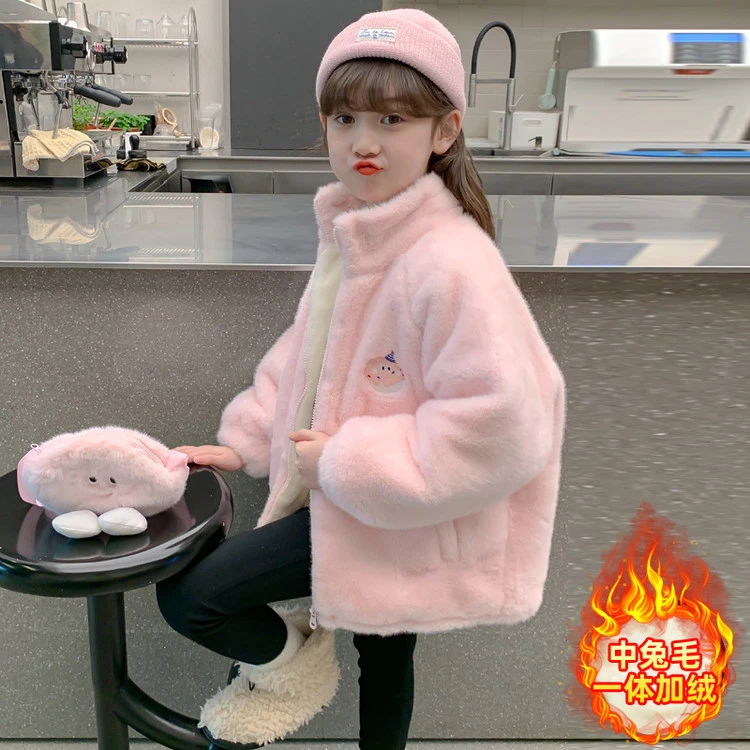 女童加绒外套秋冬款2025新款儿童加厚羊羔绒毛毛衣小女孩保暖上衣