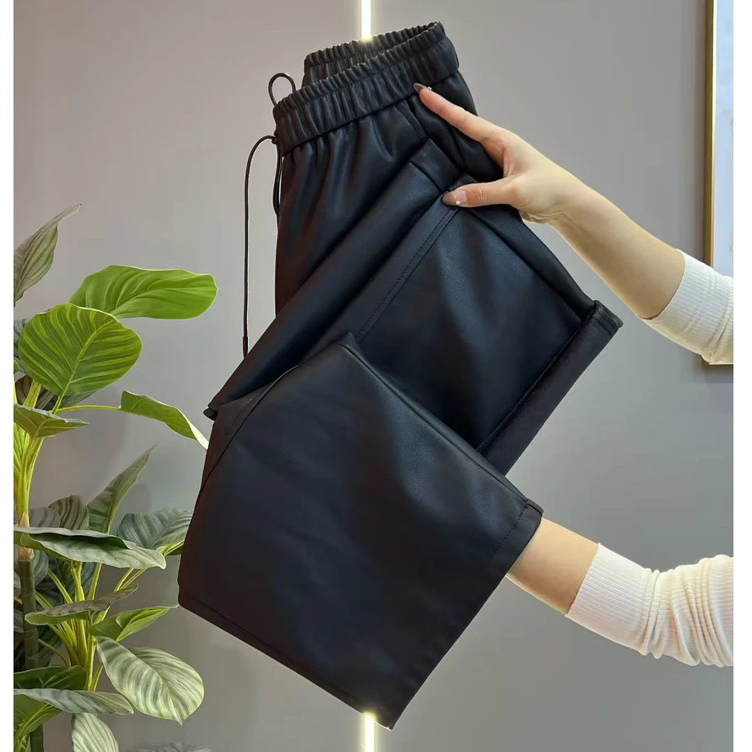 欧货秋冬加绒加厚磨毛蛋白pu皮窄版阔腿裤女百搭时尚直筒裤九分裤