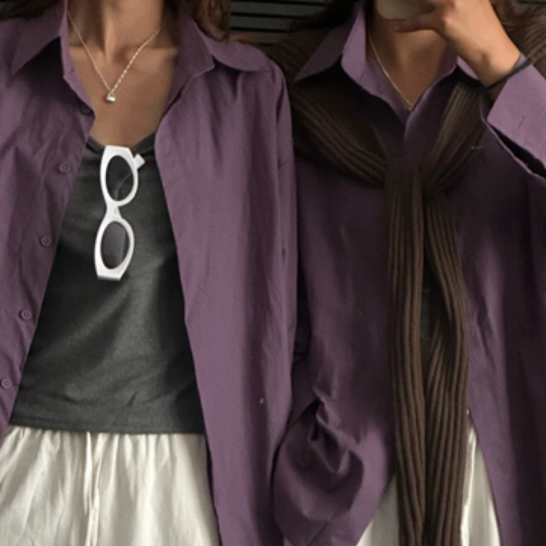 【DROMA】韩系休闲紫色长袖衬衫+吊带背心两件套套装