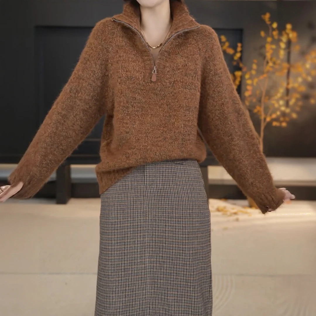 韩系慵懒风半拉链立领针织衫女2025秋冬新款宽松软糯百搭套头毛衣