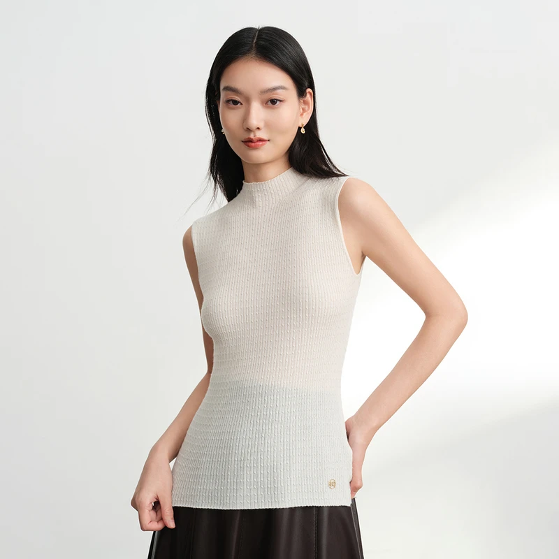 EP雅莹女装 显瘦内搭打底高领无袖立体肌理纯羊毛针织衫9020A