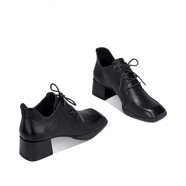 真皮复古高跟鞋子女春秋百搭2025新款小皮鞋英伦风中粗跟系带单鞋