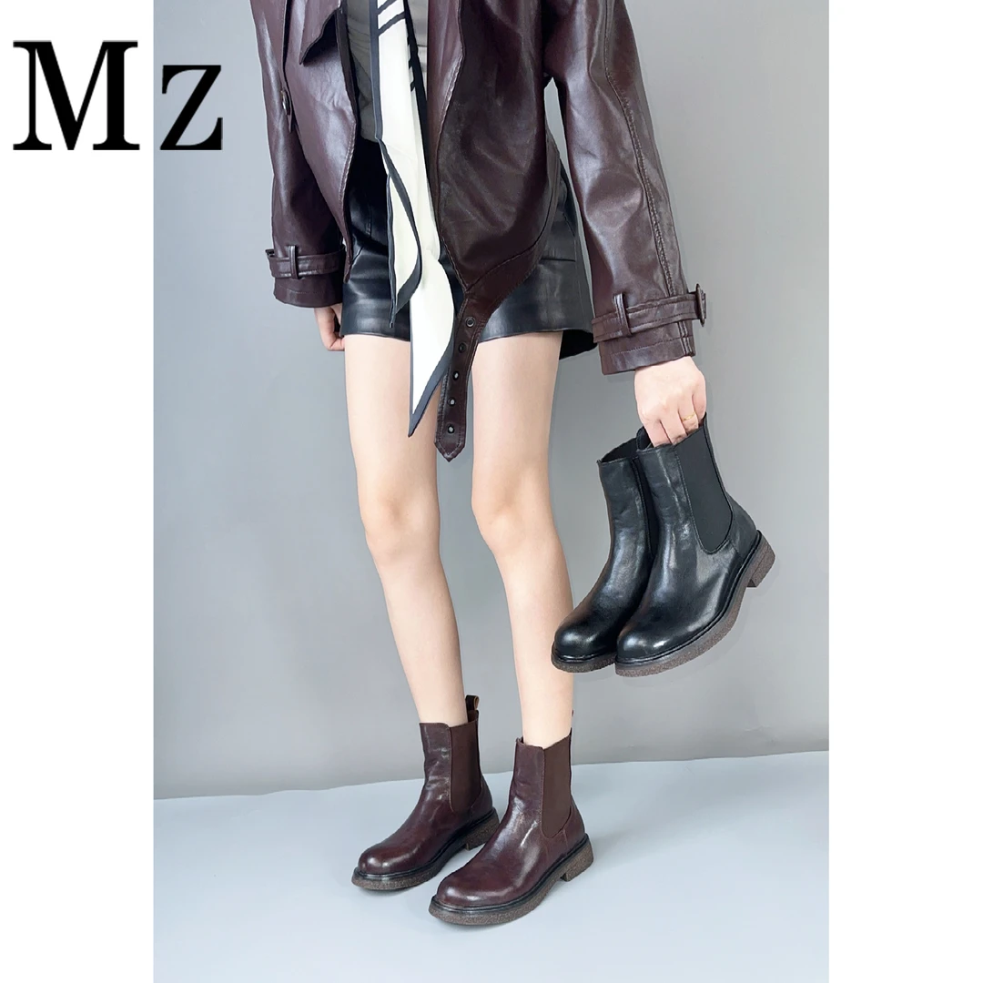 Mr.Zheng/3.5cm/复古厚底圆头切尔西短靴秋冬新款套筒休闲女靴