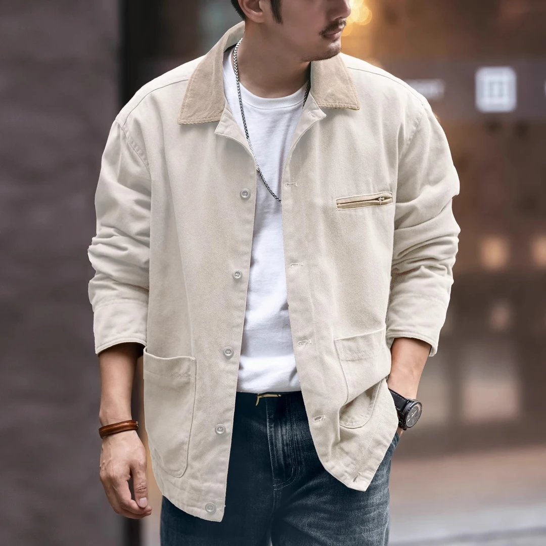 美式重磅帆布工装外套男士春秋高端青少年高级感宽松休闲教练夹克