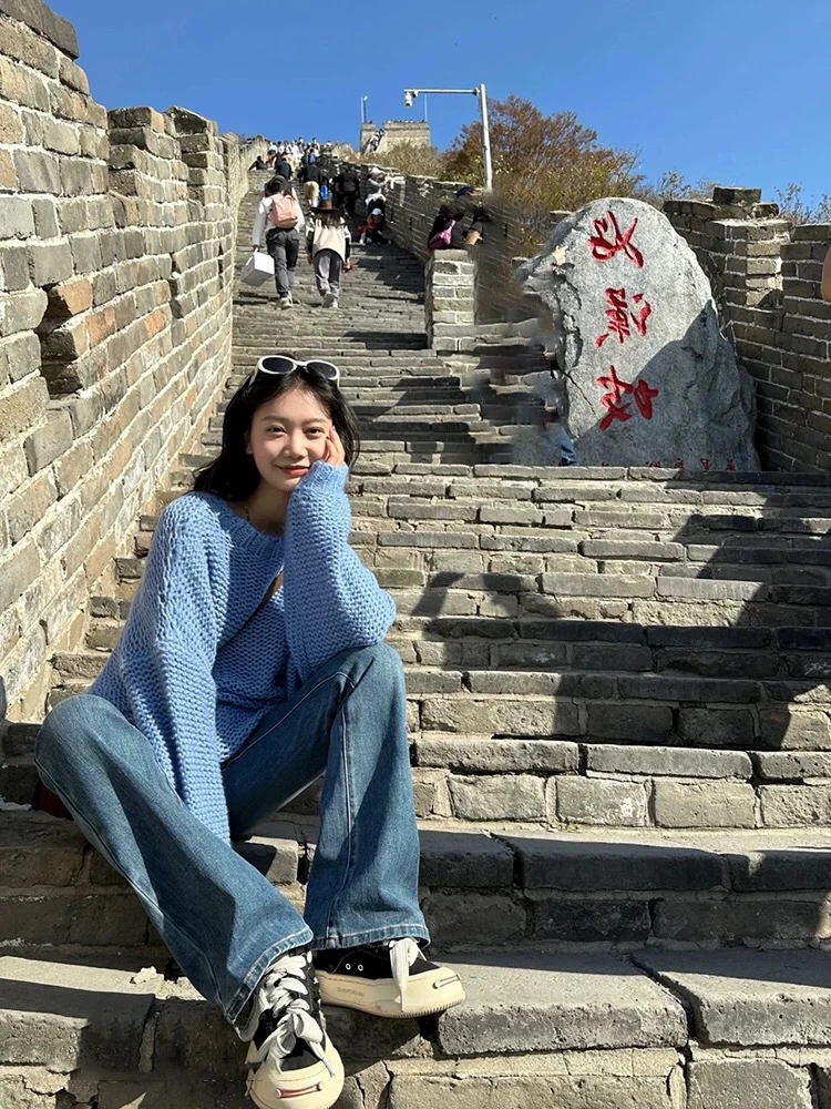 纯色长袖圆领针织衫2025春装新款慵懒风宽松毛衣中长款上衣棉线