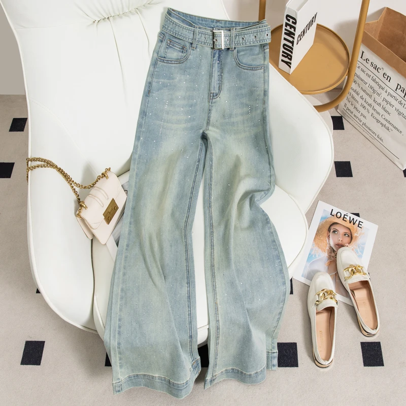 高腰显瘦牛仔裤女2025春季重工烫钻弹力修身宽松直筒裤长裤7842