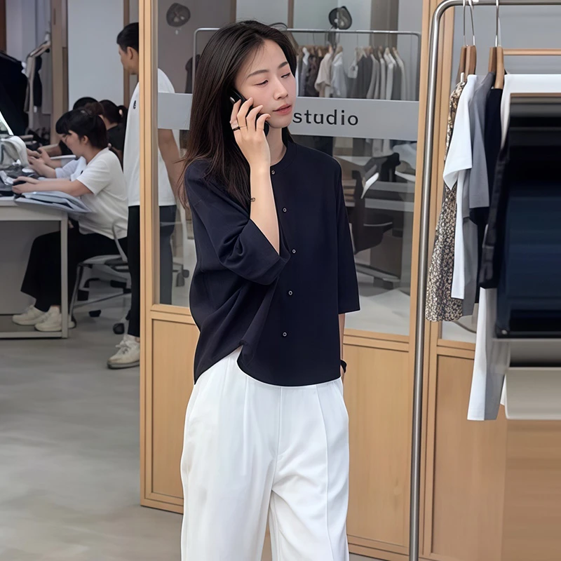 法式高级感藏蓝色薄款七分袖衬衫女2025夏新款时尚气质上衣女