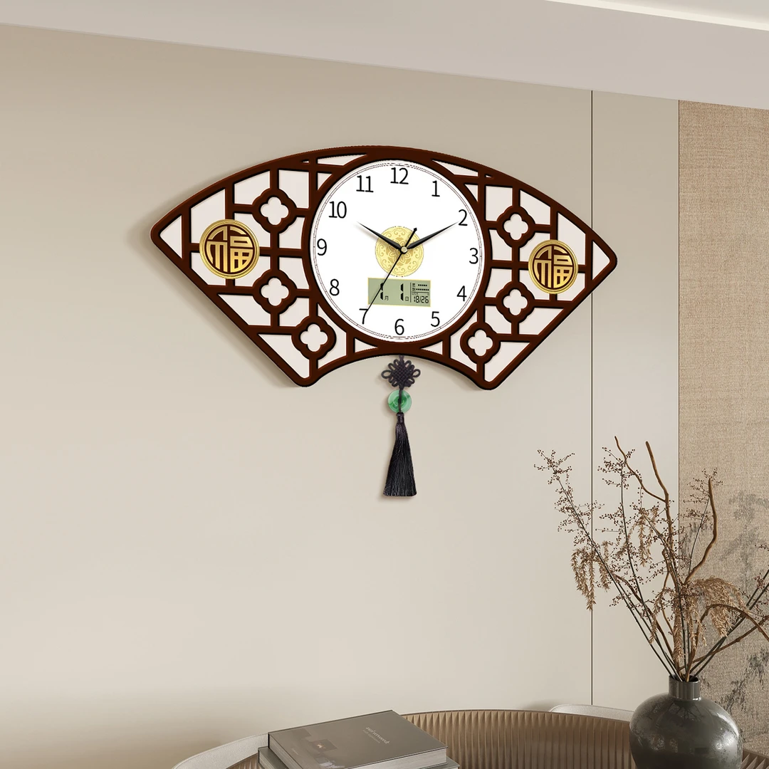 中国风扇形卧室挂墙无需打孔石英挂钟家居豪华万年历时钟静音创意