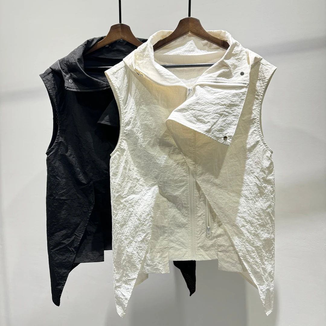 时尚不规则设计感连帽可拆卸马甲外套男士夏季潮流破洞无袖上衣